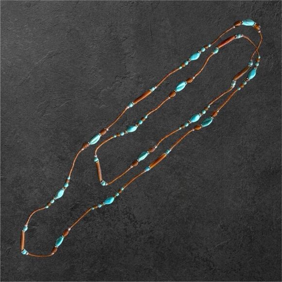 Womens Turquoise Brown Extra Long Beaded Rope Lariat Necklace Western Boho Rodeo - Picture 2 of 5